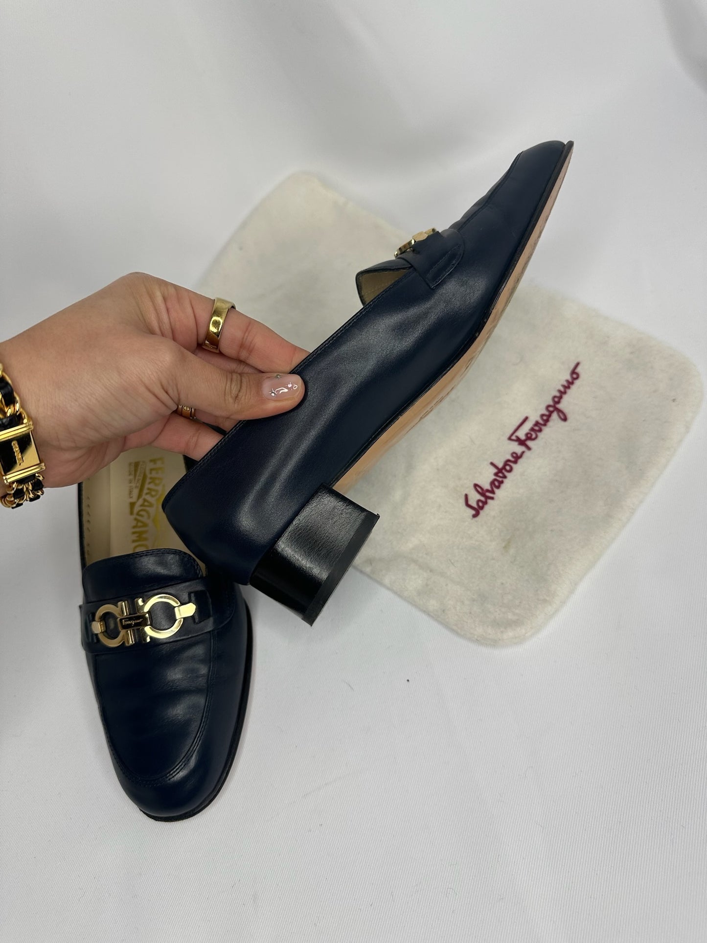 025. Ferragamo Blue Navy Vintage Loafers 36 (small fit)