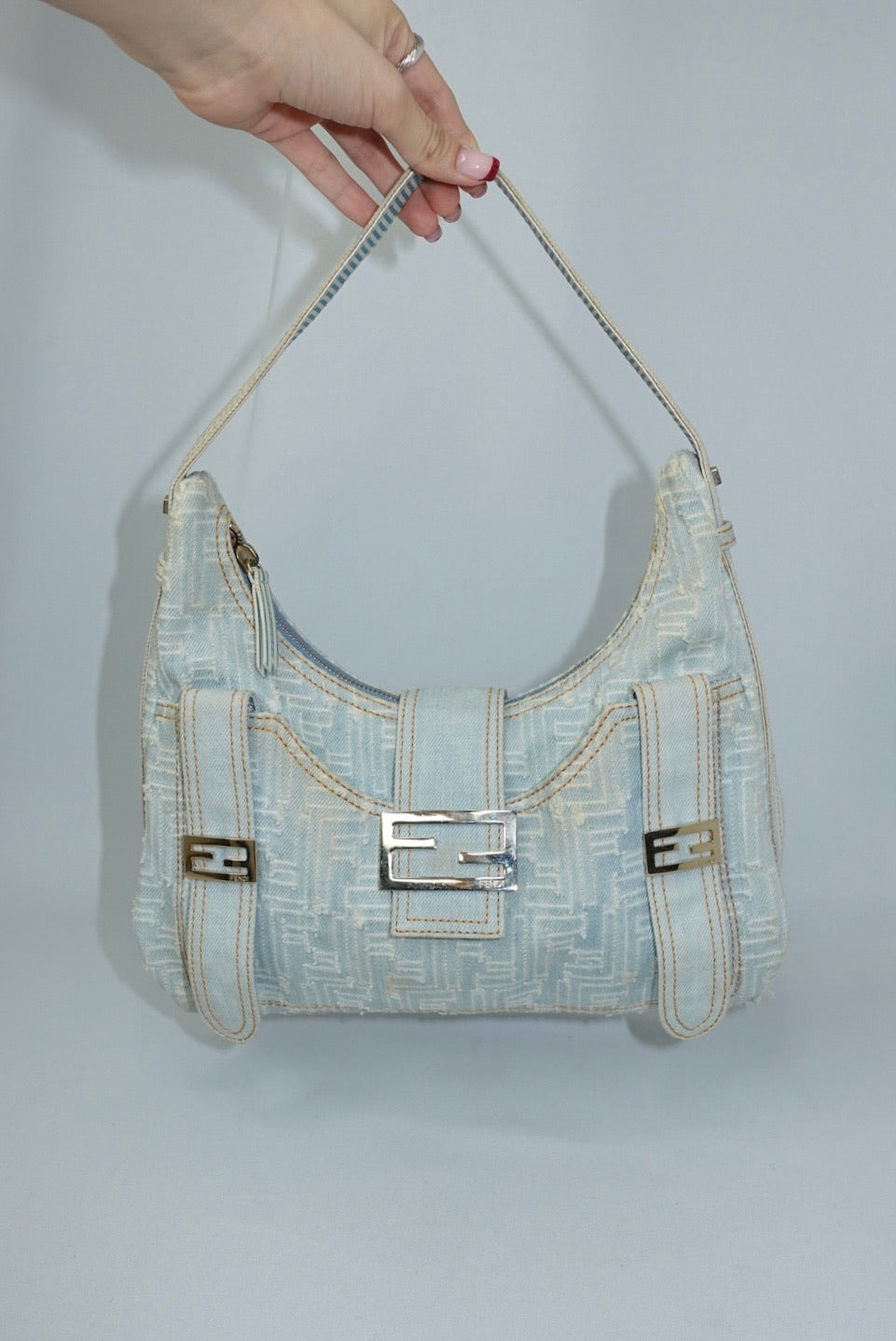 Fendi FF Zucca Light Wash Denim Hobo Bag