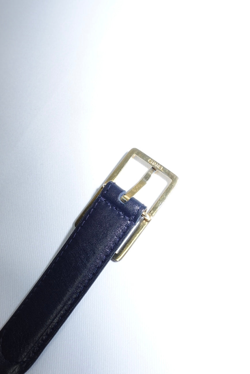 Chanel Navy Blue Leather CC Logo Vintage Belt