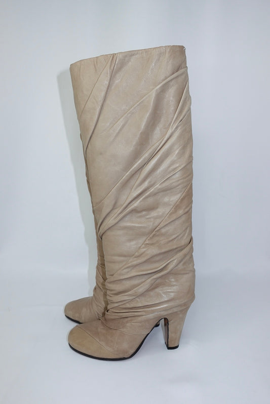 Margiela Draped Knee-High Round Toe Beige Leather Boots