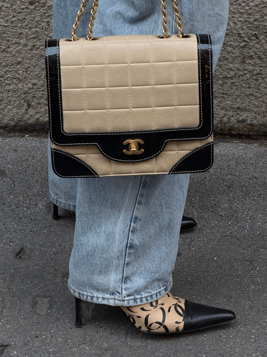 Chanel Vintage CC Logo Print Beige and Black Heeled Pointed Toe Ankle Boots