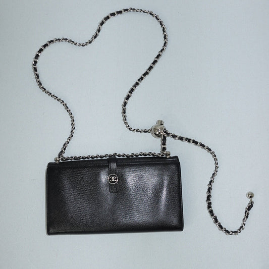 Chanel black lambskin CC wallet on chain front view
