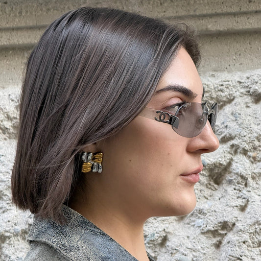 Chanel rimless oval gradient sunglasses silver frame worn