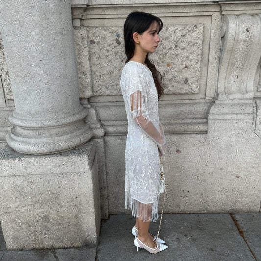 Vintage 1920s Style White Beaded Fringe Dress – Side View