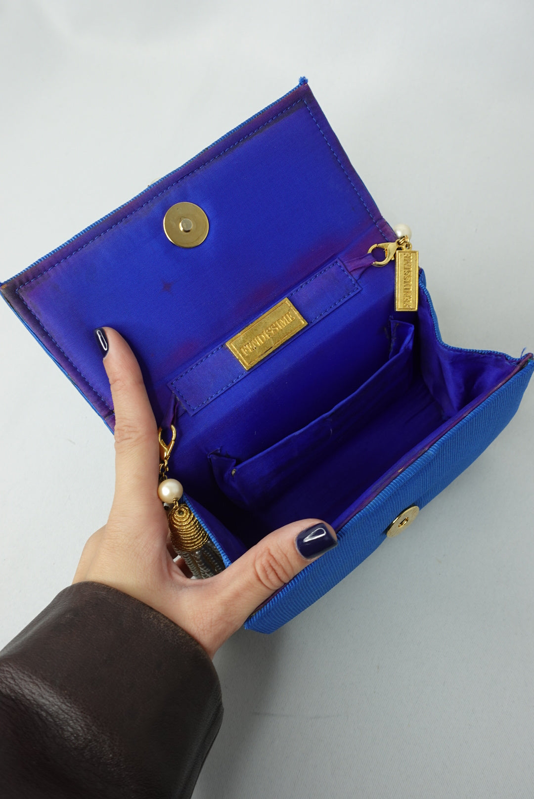 Fendissime Vintage Electric Blue and Gold Pearl Chain Bag