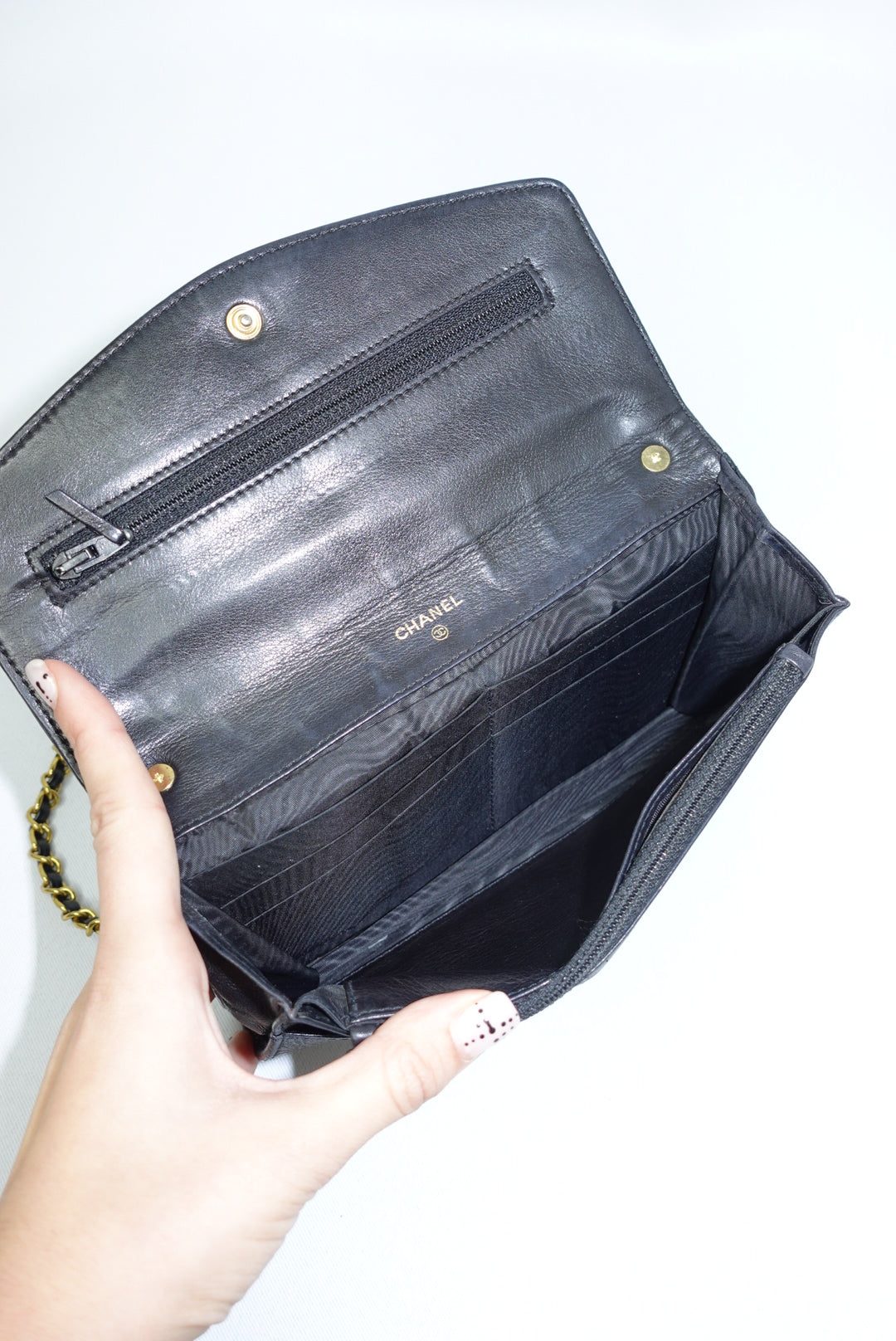 Chanel Re-Worked Vintage Flap Wallet With Chain Black Caviar CC logo