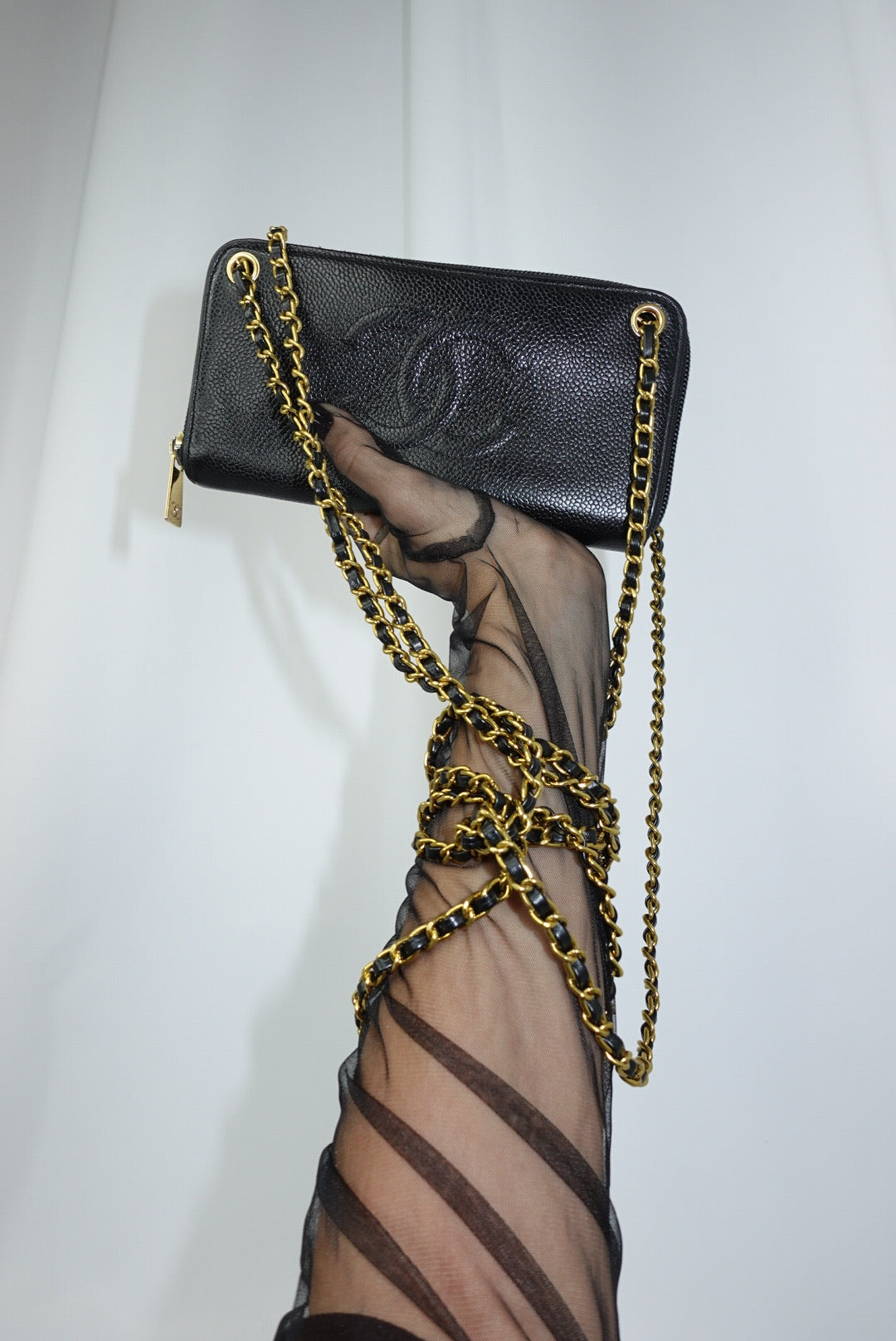 Chanel Re-Worked Zip Vintage Black Interlocking CC Logo Caviar Wallet with Chain