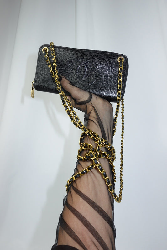 Chanel Re-Worked Zip Vintage Black Interlocking CC Logo Caviar Wallet with Chain