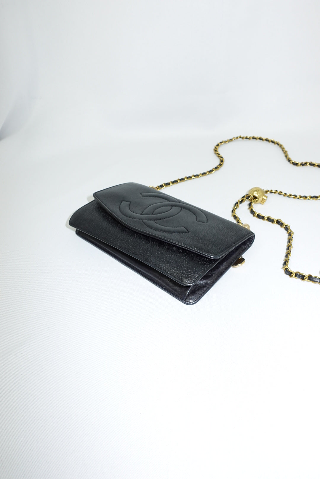 Chanel Re-Worked Vintage Flap Wallet With Chain Black Caviar CC logo