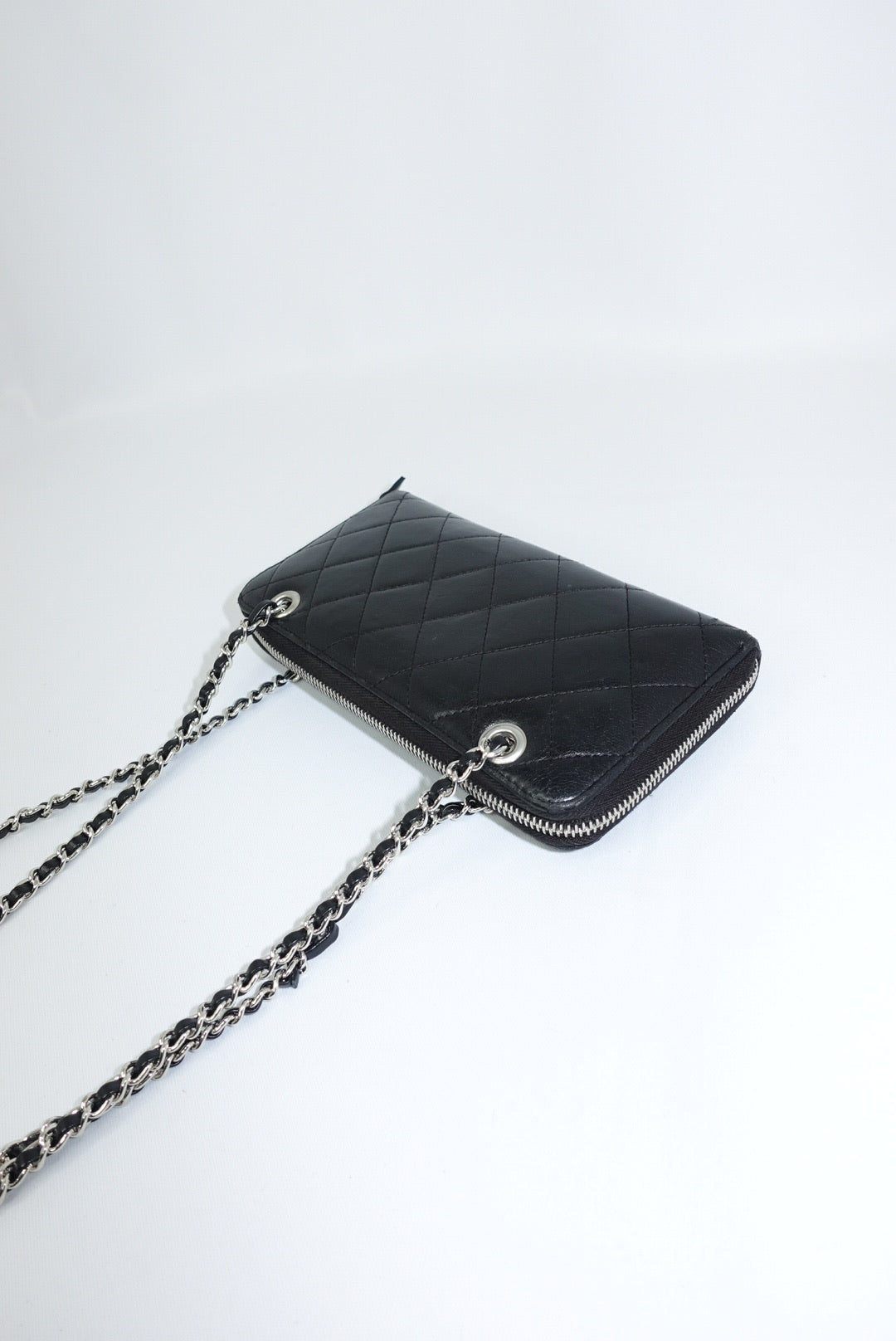 Re-Worked Chanel Timeless Zip Black Vintage Wallet with Chain