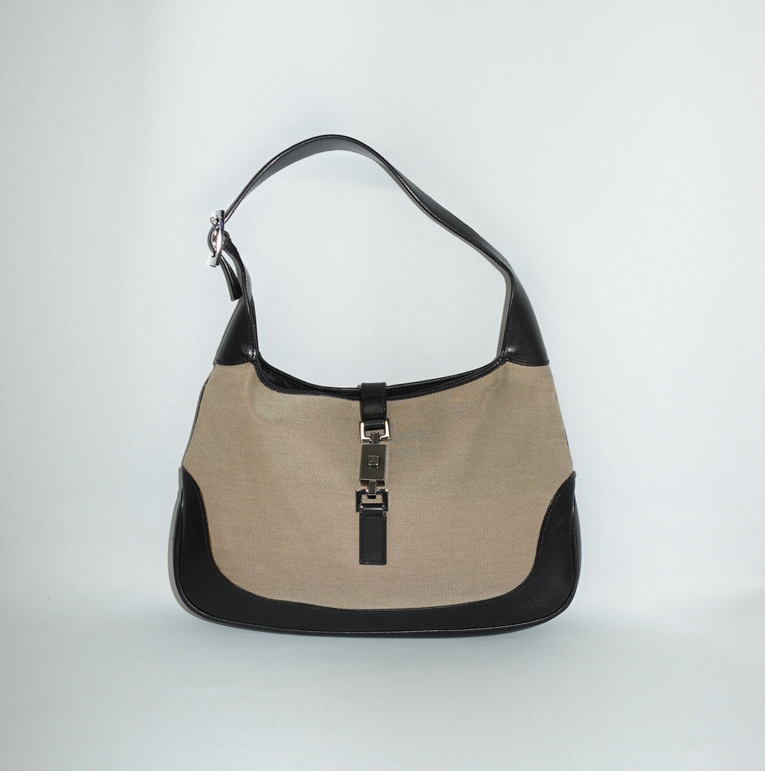 Gucci Jackie Vintage Shoulder Bag in Beige Canvas & Black Leather