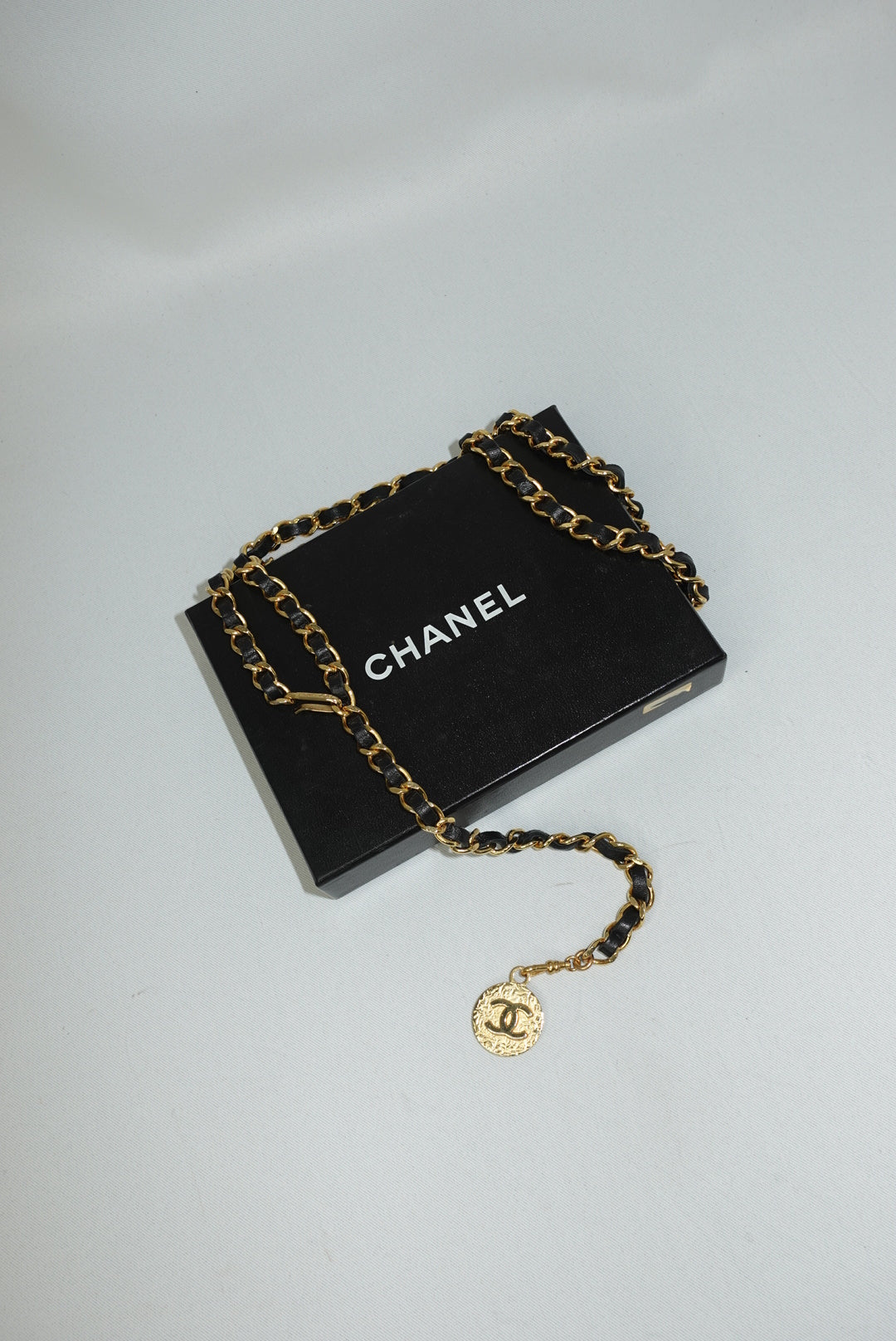 Chanel vintage medallion chain belt with black leather detail