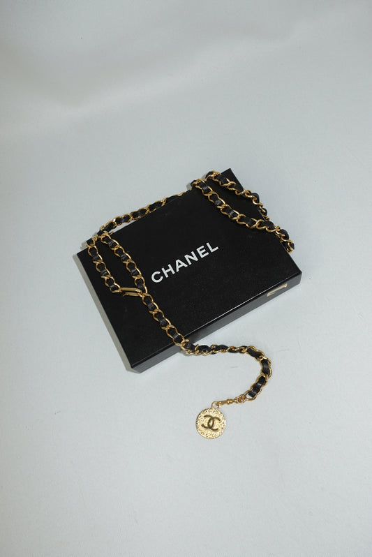 Chanel vintage medallion chain belt with black leather detail