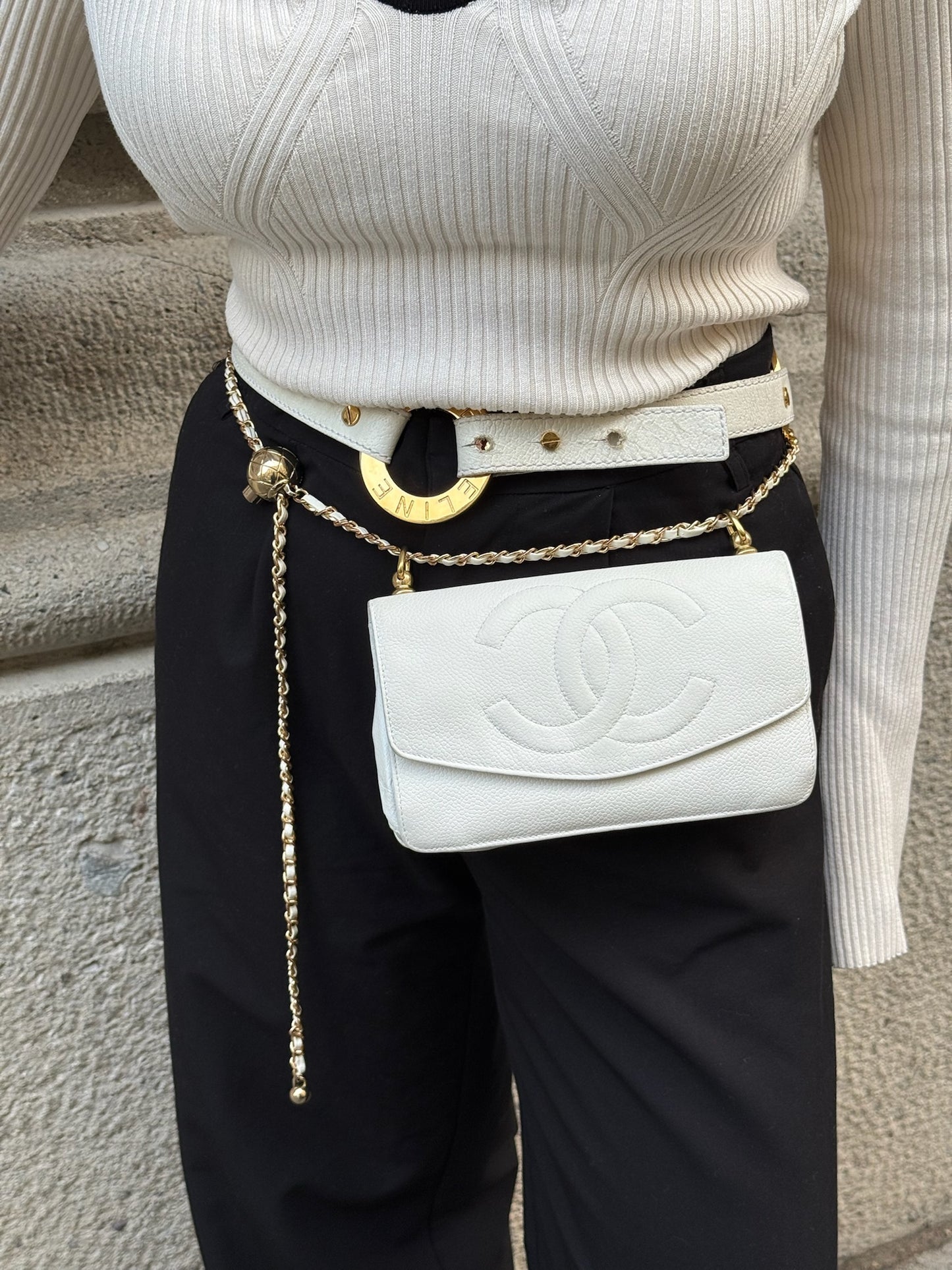Re-Worked Chanel CC Flap Vintage White Calfskin Vintage Wallet with Chain