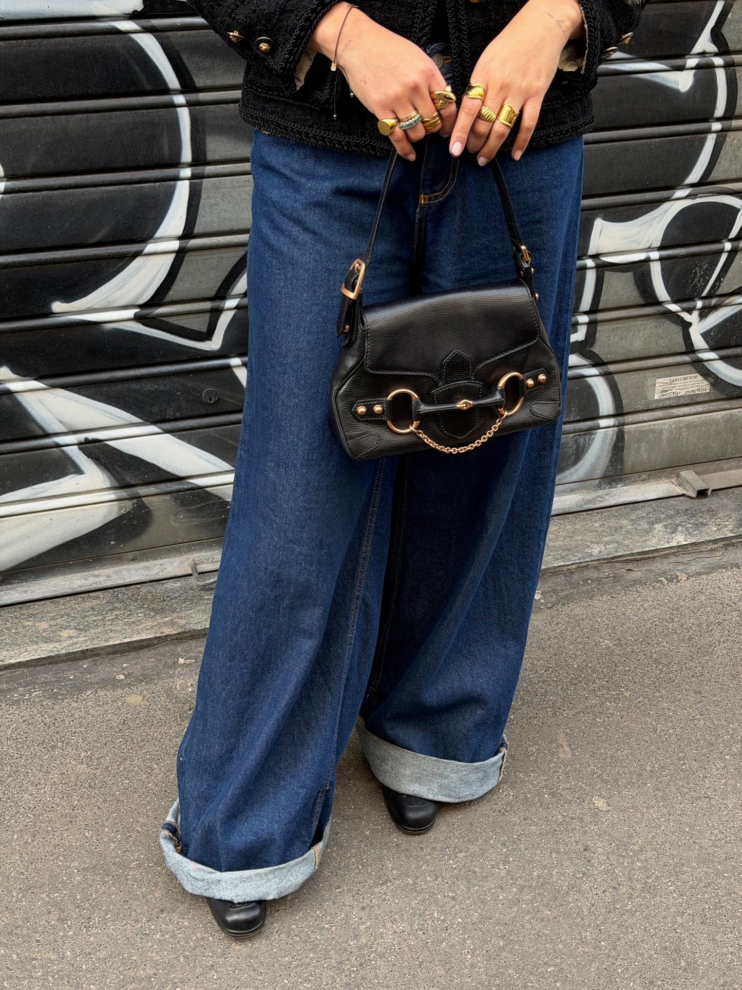 Gucci Vintage Horsebit Shoulder Bag in Black Leather