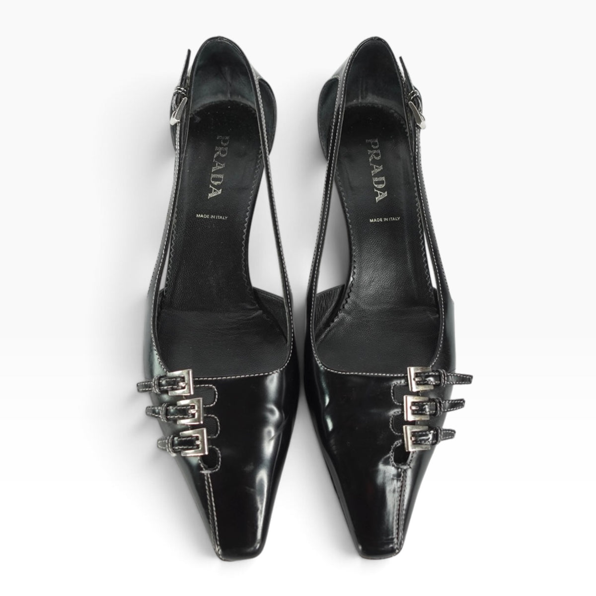 My Vintage Attire Prada black leather slingback kitten heels with triple buckle detail and pointed square toe.