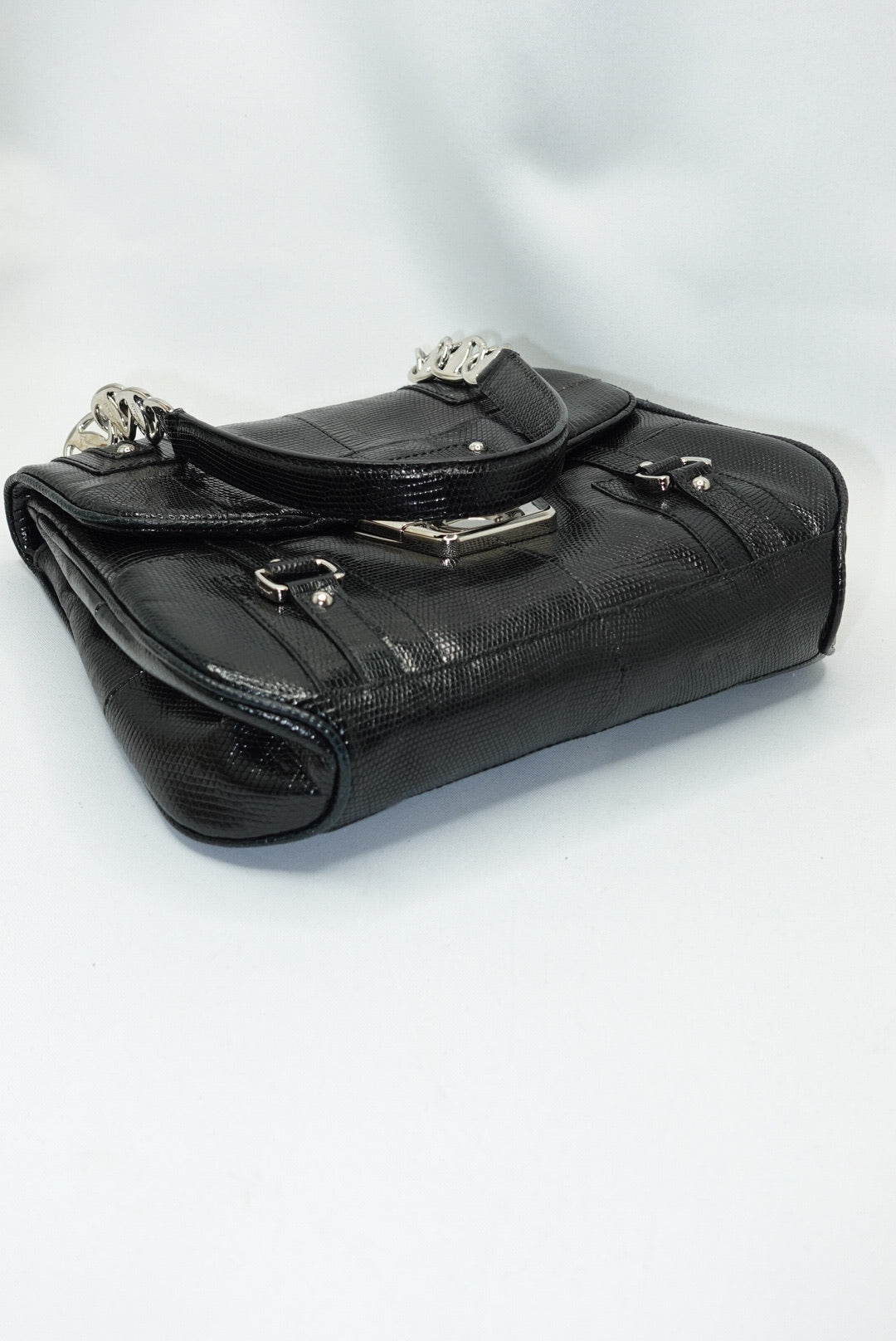 Salvatore Ferragamo Gancio Lock Black Leather Top Handle Bag Silver Hardware