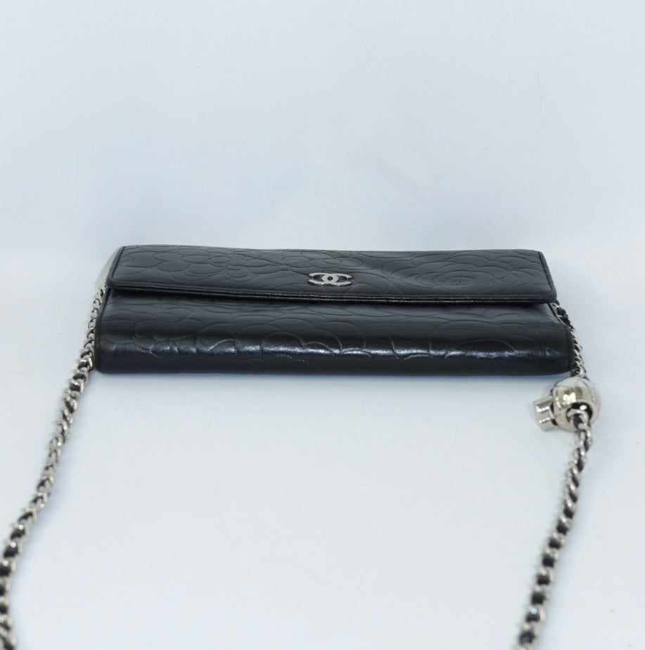 Chanel Black Flap Big Camelia Wallet On Chain