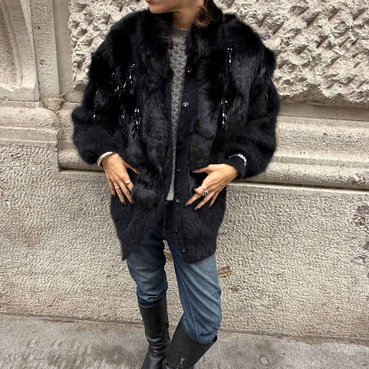 Angora Fur and Beaded Black Sweater