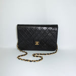 Vintage Chanel black lambskin single flap shoulder bag with gold CC logo