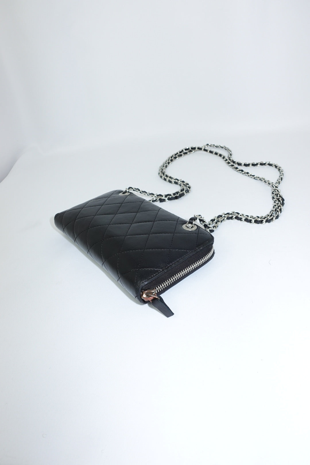 Re-Worked Chanel Timeless Zip Black Vintage Wallet with Chain