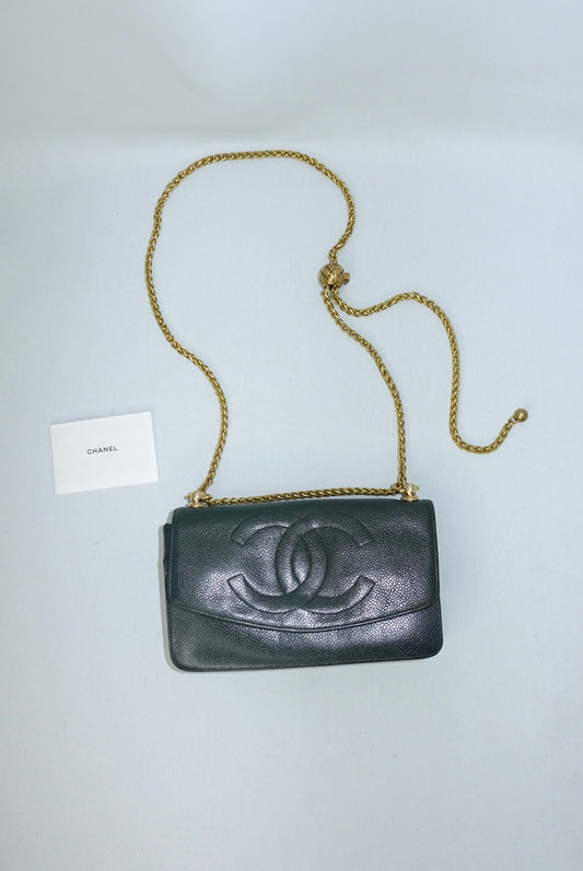 Chanel Re-Worked Flap Dark Green CC logo Vintage Wallet with Chain