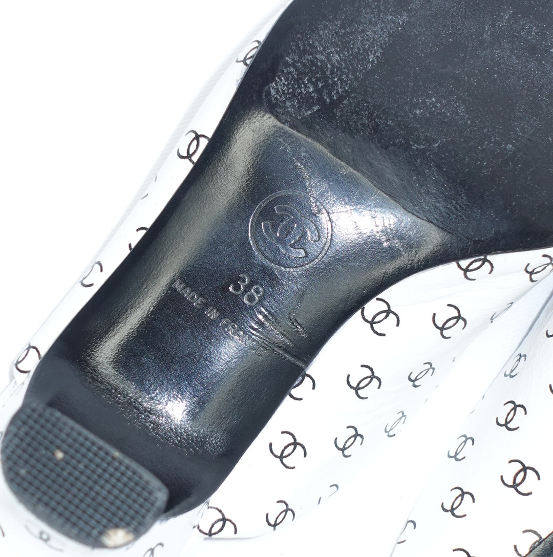 Chanel White Mule Heels With Mini Logos 38