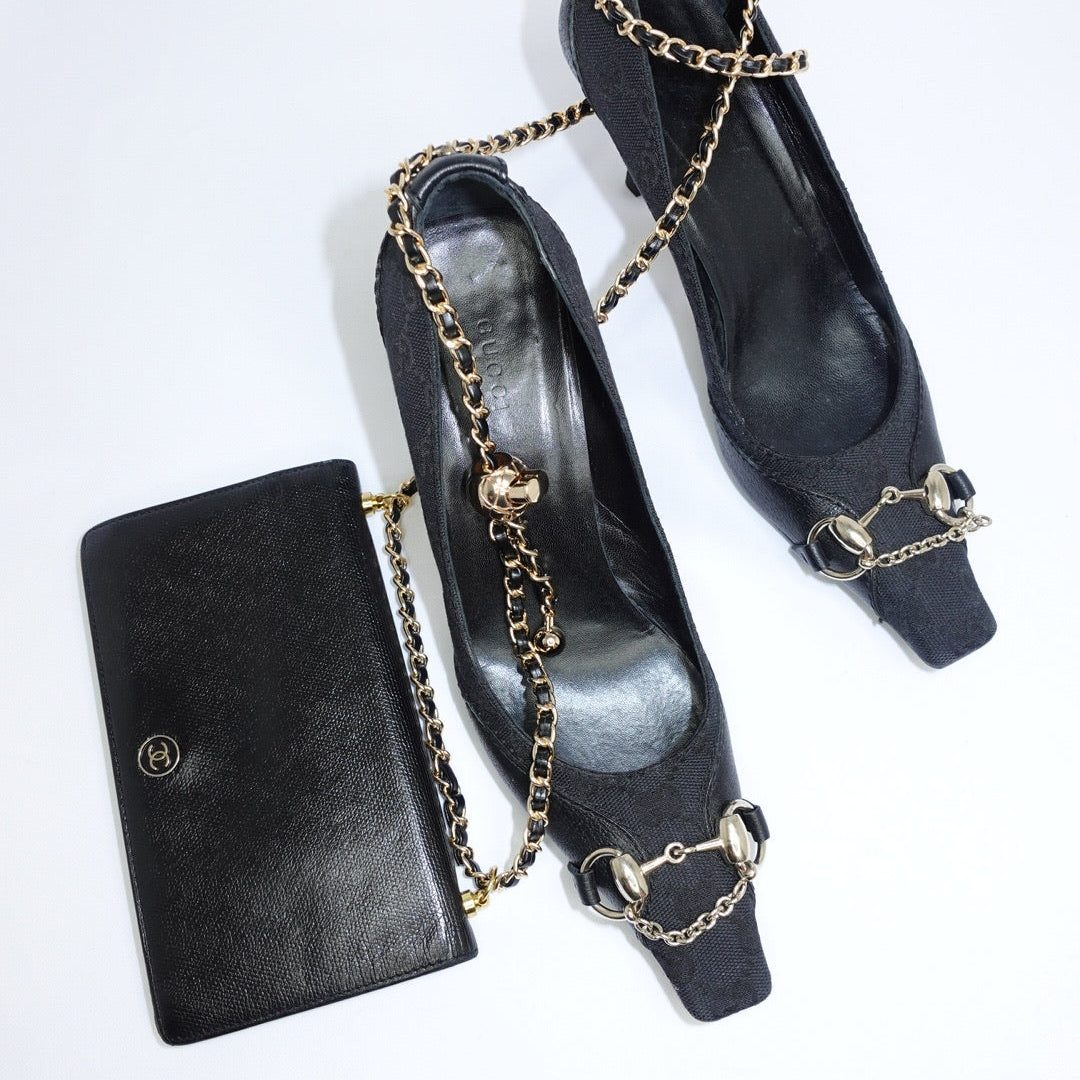 Gucci Black Monogram Horsebit Kitten Heels