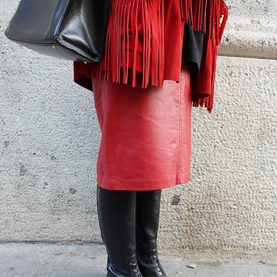 Red Leather Vintage Midi Skirt