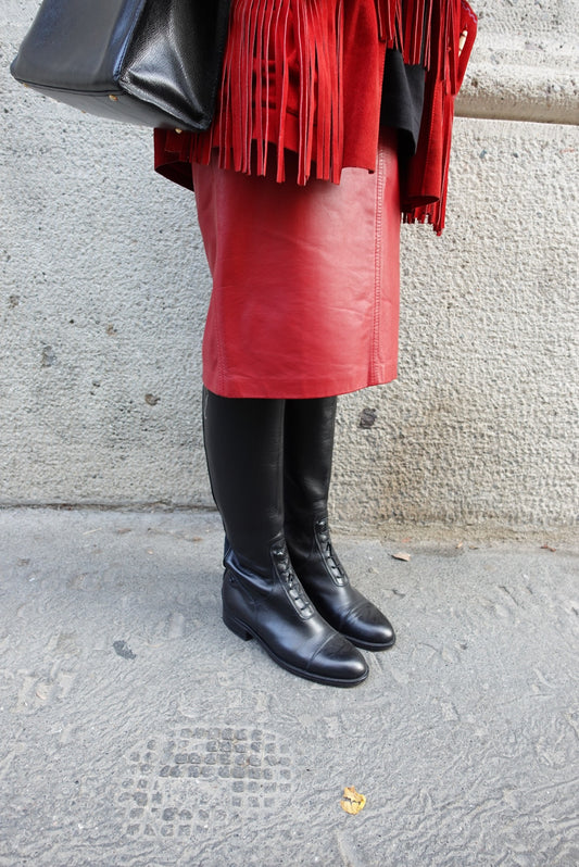 Red Leather Vintage Midi Skirt