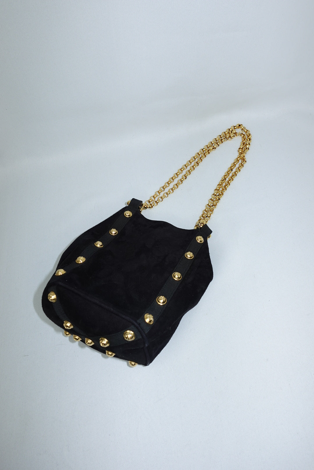 Salvatore Ferragamo Black Suede Studded Bucket Bag with Gold-Tone Hardware