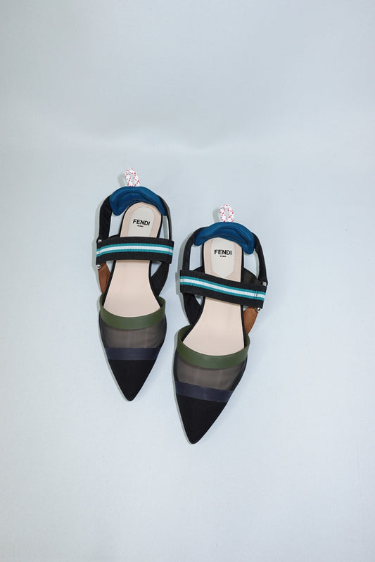 076. Fendi Colibri Mesh Pointed-Toe Blue and Green Ballerina Shoes 36