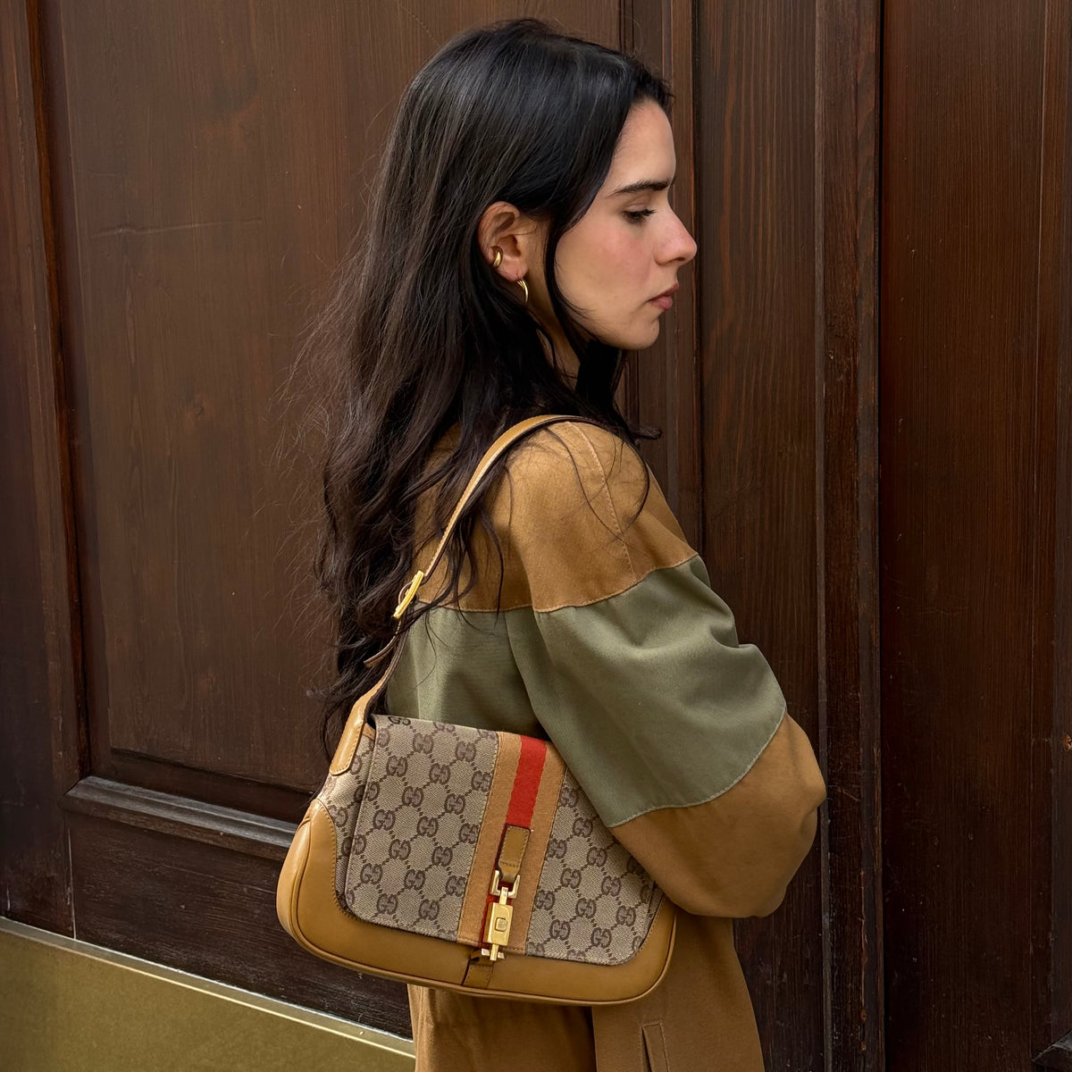 Gucci Beige Camel GG Canvas Jackie Shoulder Bag