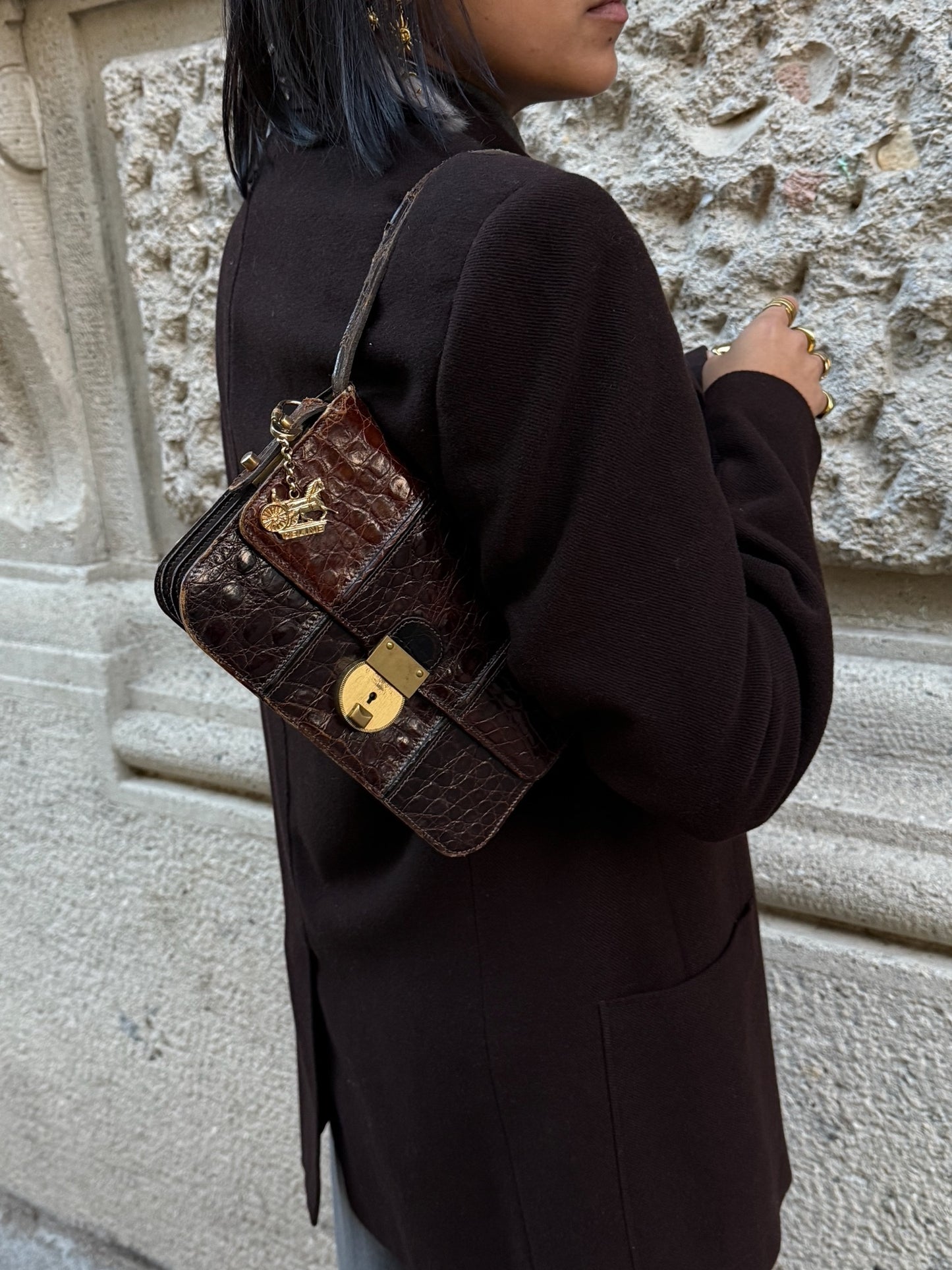 Cèline Vintage Crocodile Brown Leather Crossbody Bag