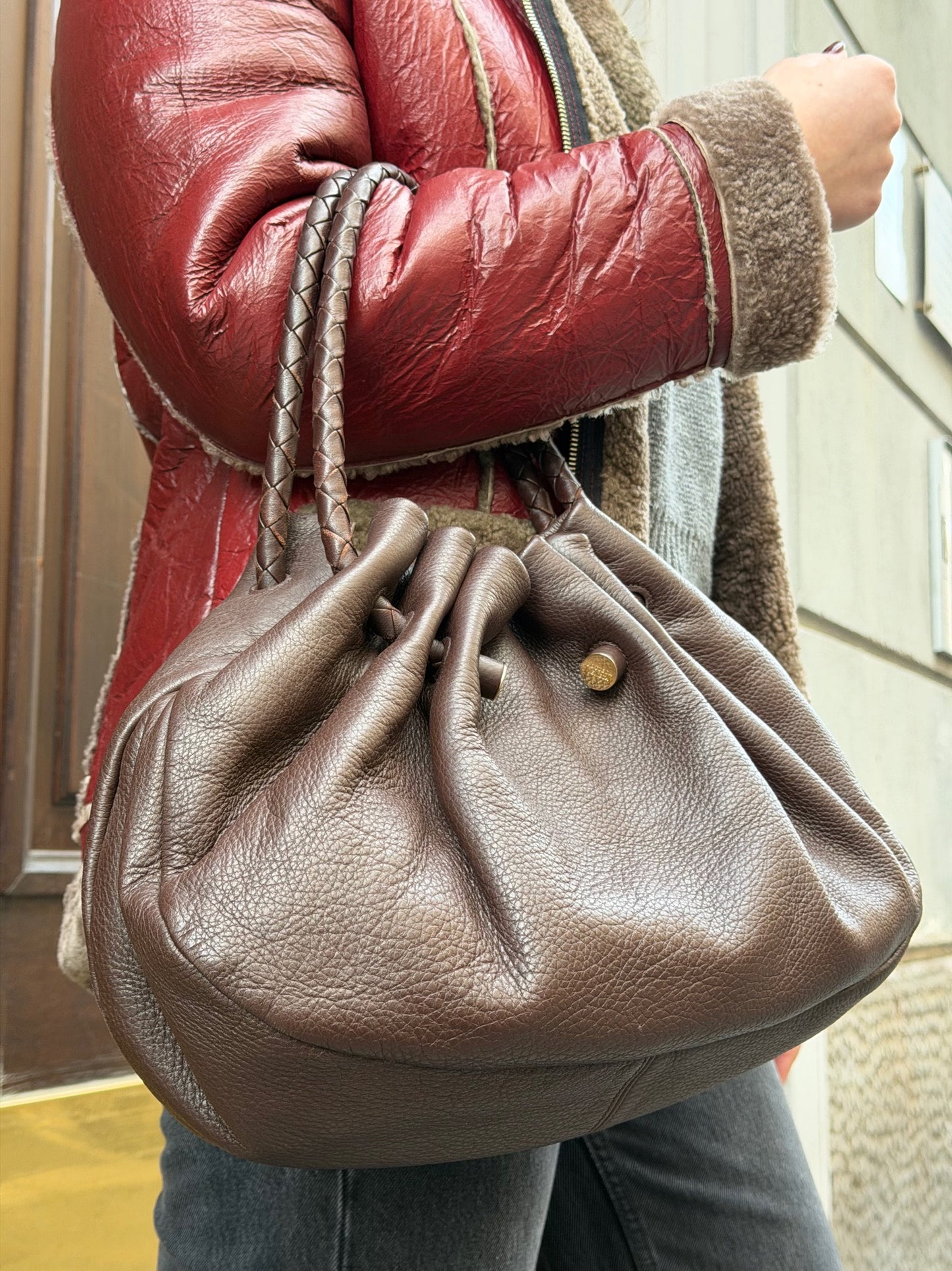 Bottega Veneta Vintage Brown Leather Hobo Bag with Gold-Tone Hardware