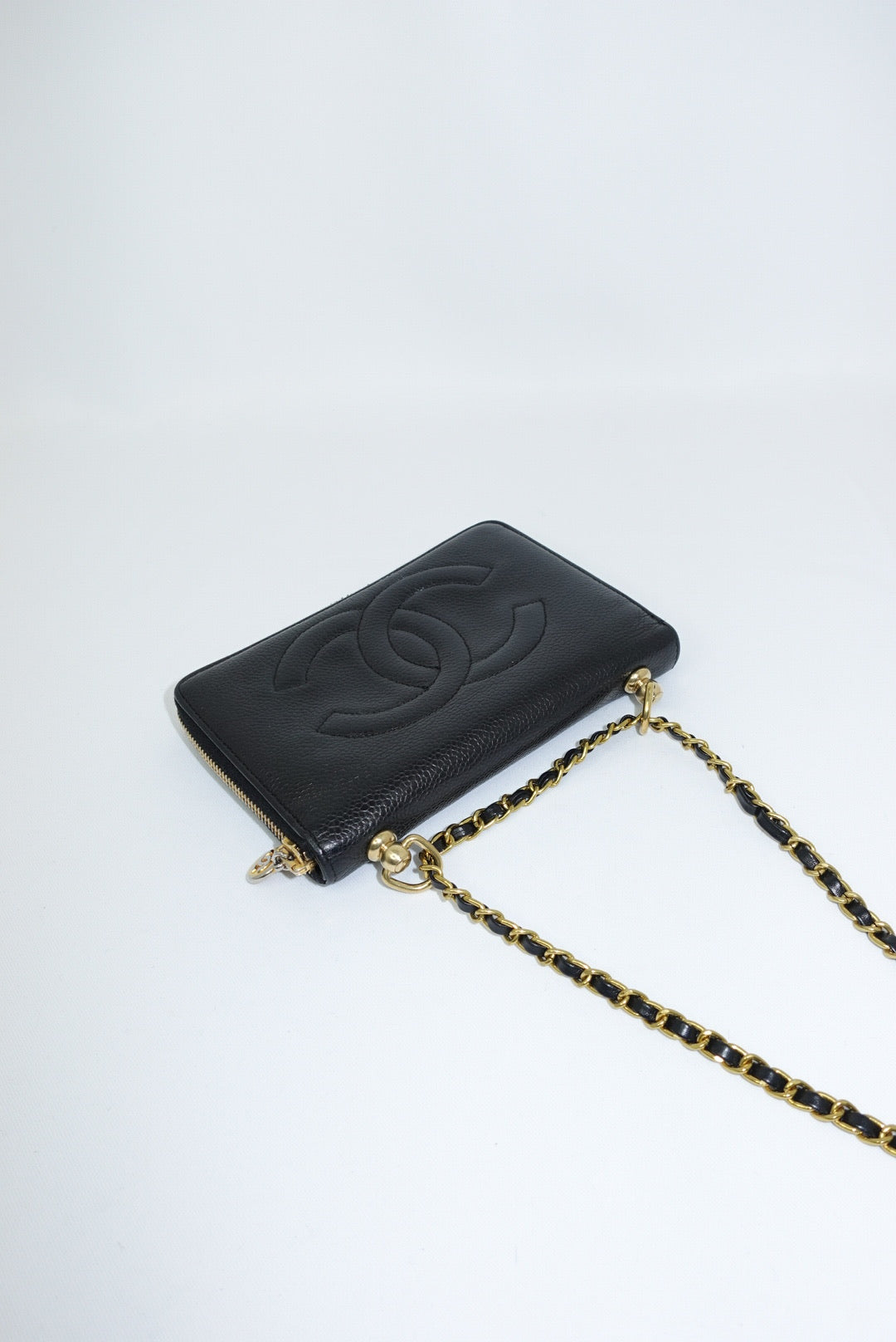 Re-Worked Chanel Black Zip CC Logo Small Vintage Wallet with Chain