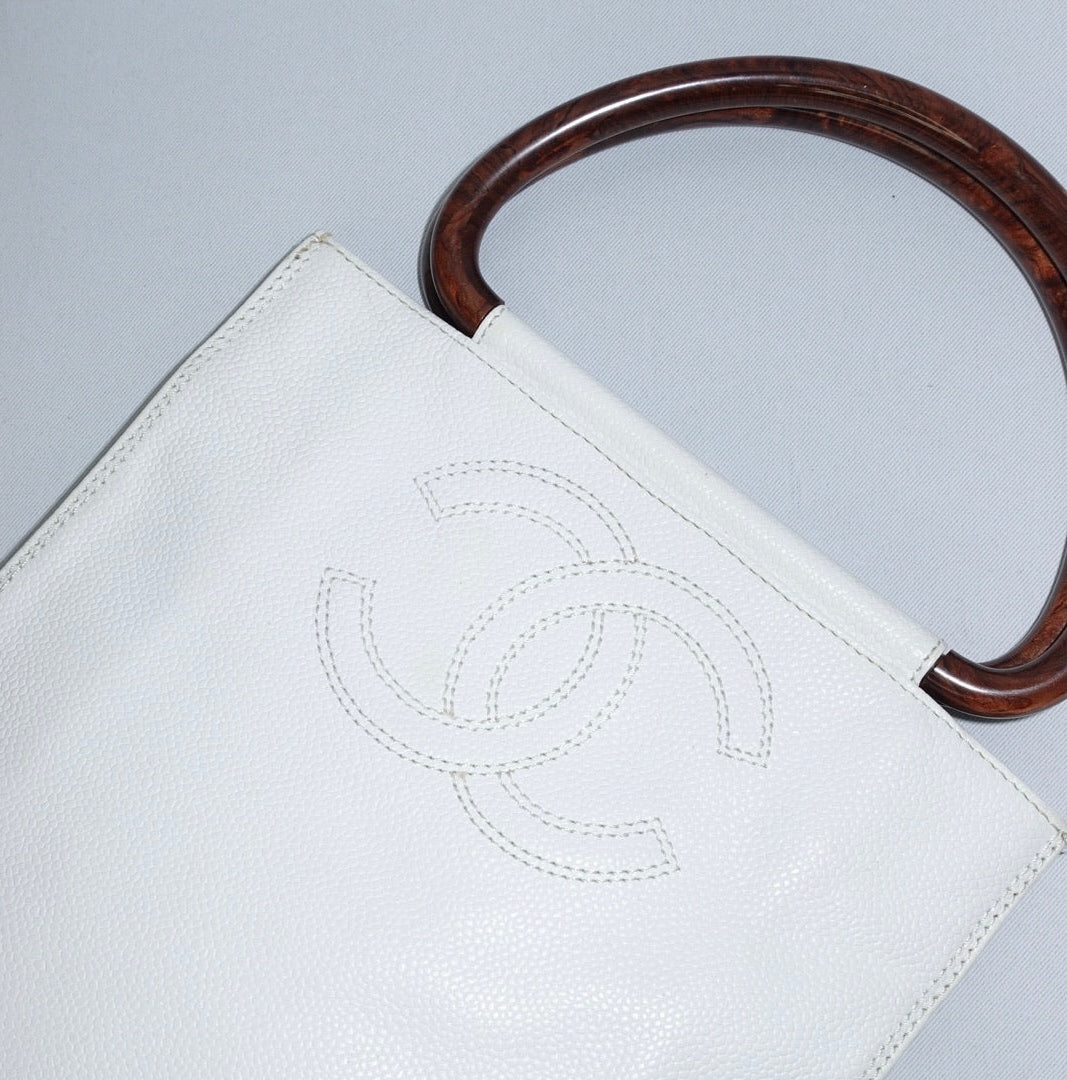 Chanel White Leather Mini Tote Bag with Interlocking CC Logo