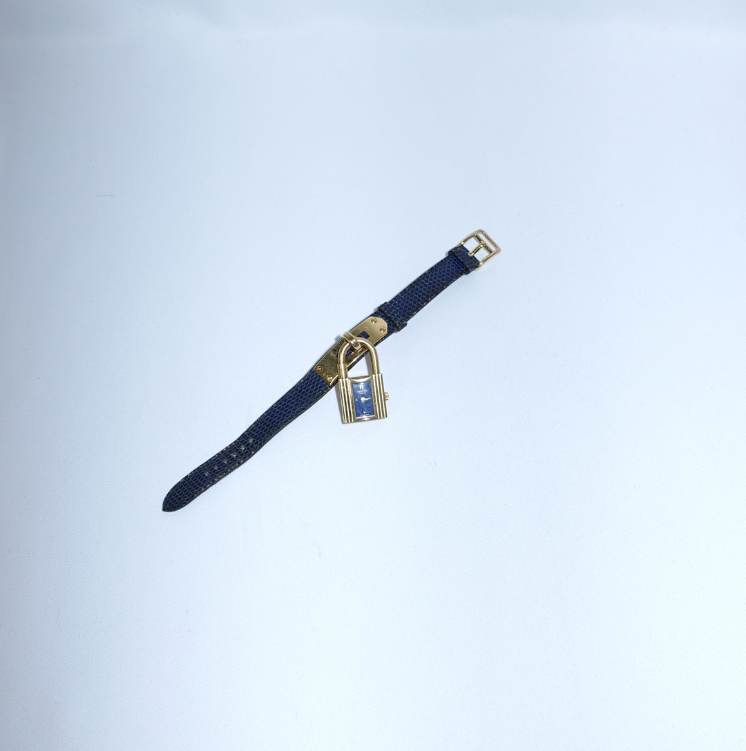 Hermès Kelly Vintage Watch Gold Tone Padlock Navy Strap