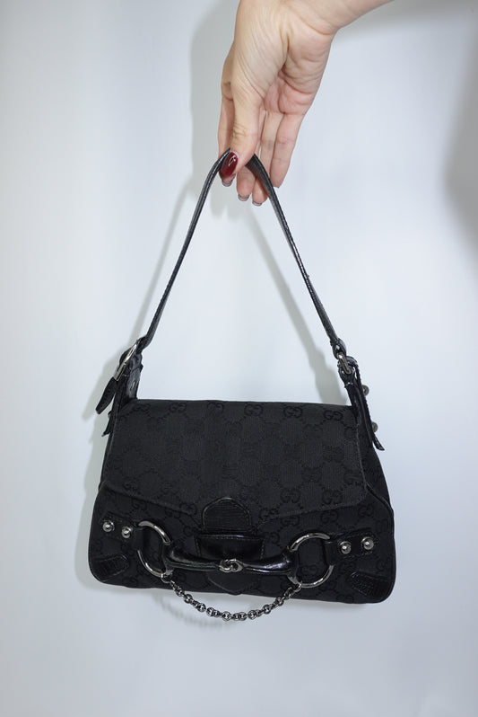 Gucci Horsebit Chain Vintage Black Canvas and Leather Shoulder Bag
