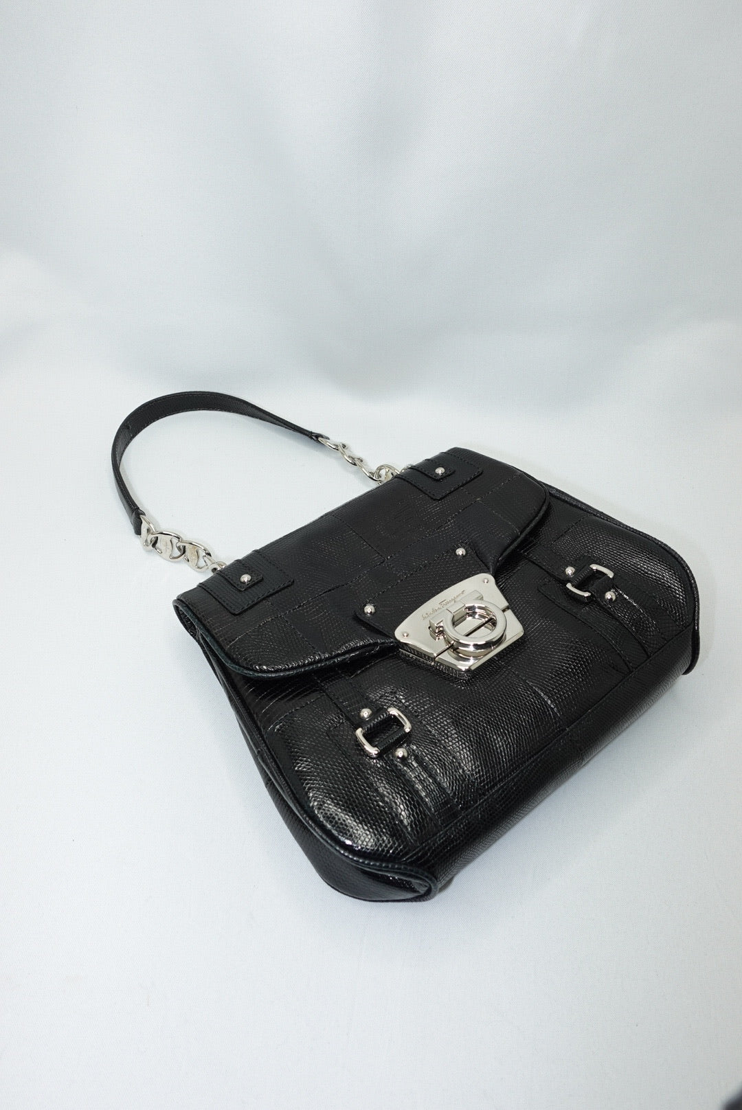 Salvatore Ferragamo Gancio Lock Black Leather Top Handle Bag Silver Hardware