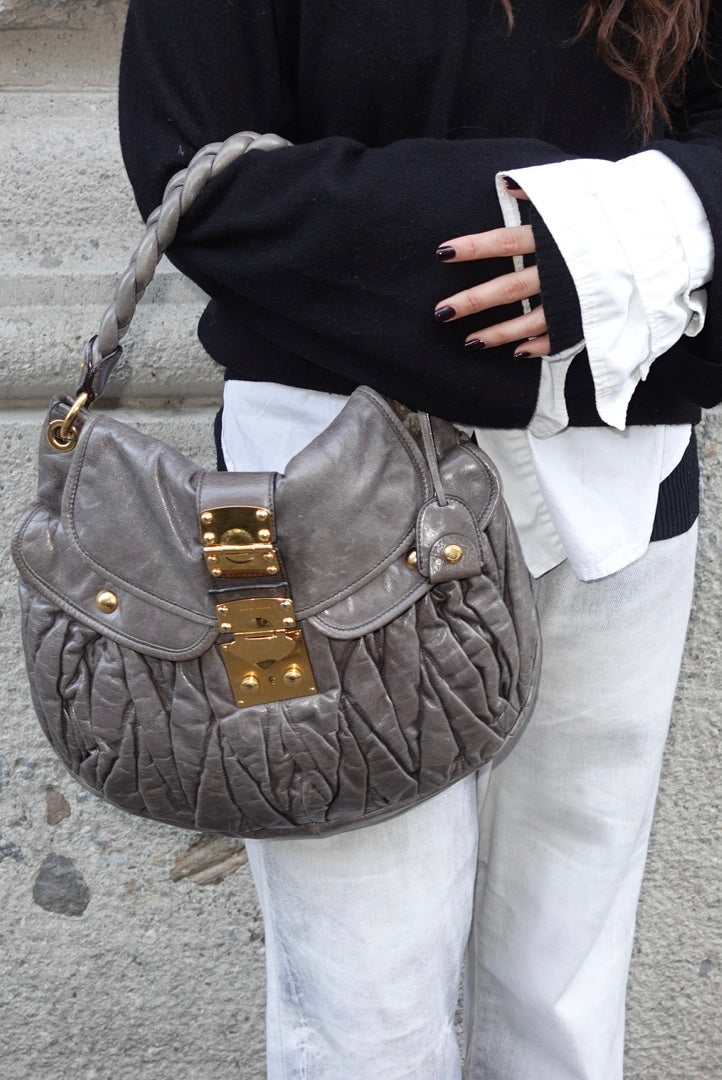 Miu Miu Vintage Gray Matelassé Coffer Shoulder Bag