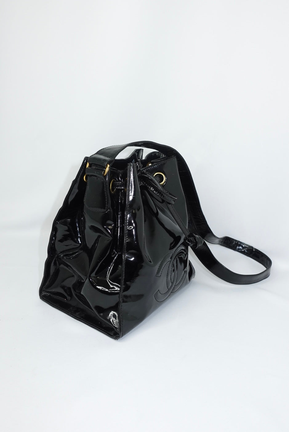 Chanel Vintage Black Patent Bucket Shoulder Bag