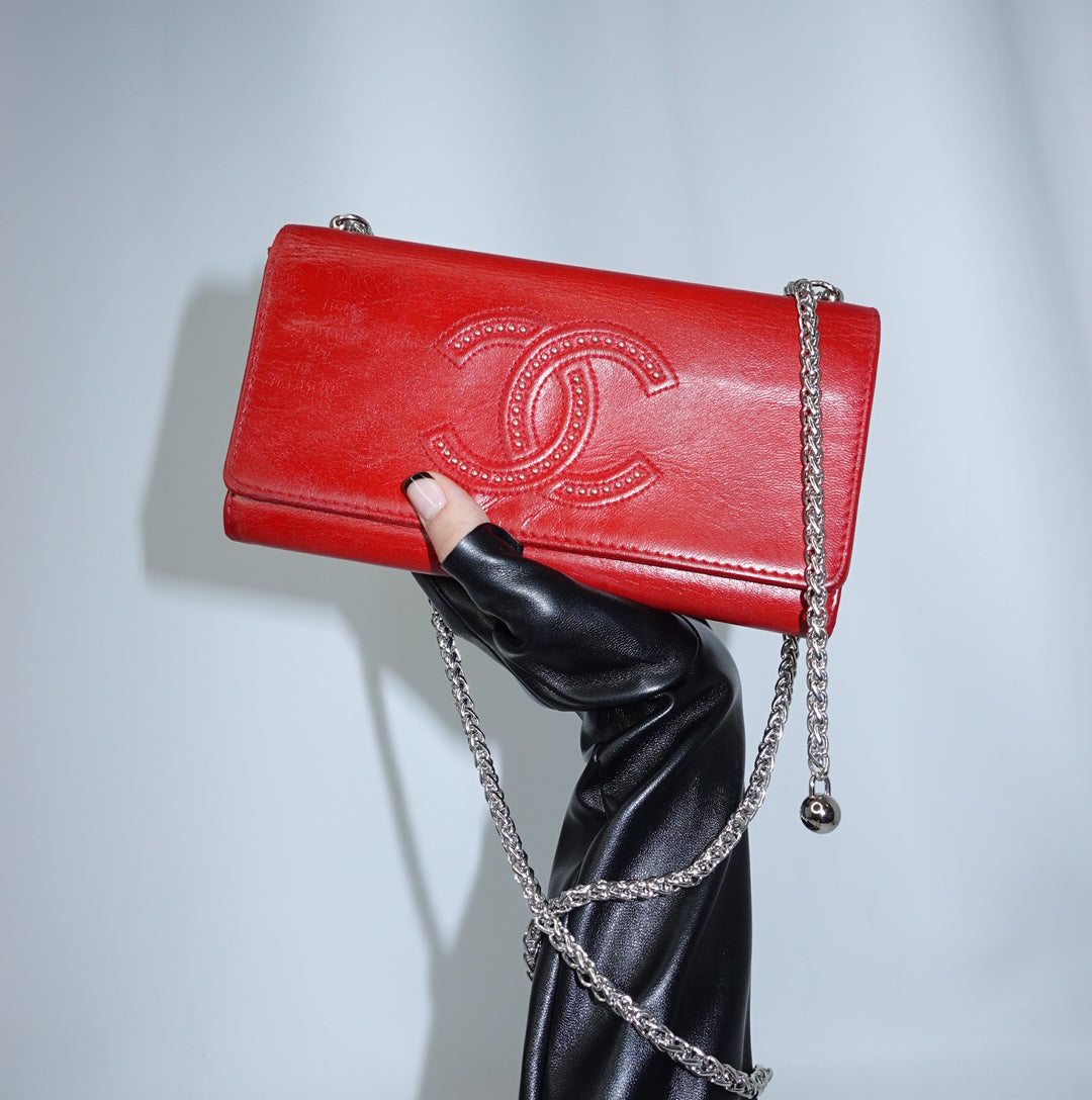 Chanel Red CC Logo Calfskin Wallet with Chain