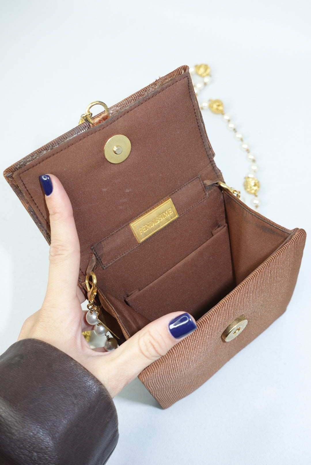 Fendissime Vintage Caramel and Gold Pearl Chain Bag