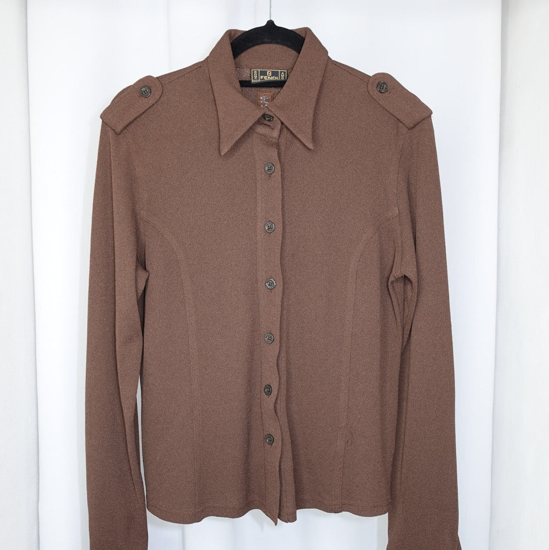 029. Polo vintage marrone a maniche lunghe FENDI