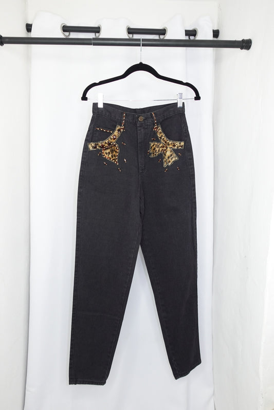 Dark Wash Beaded Jeans With Leopard