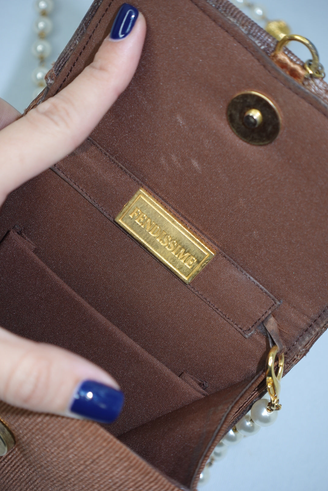 Fendissime Vintage Caramel and Gold Pearl Chain Bag