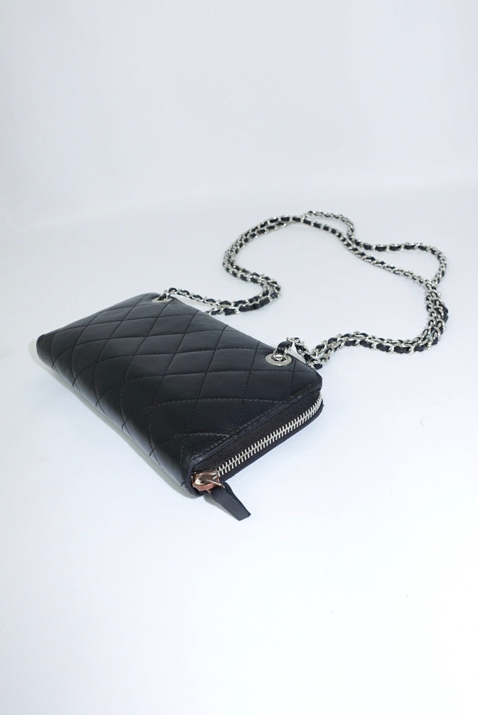 Re-Worked Chanel Timeless Zip Black Vintage Wallet with Chain