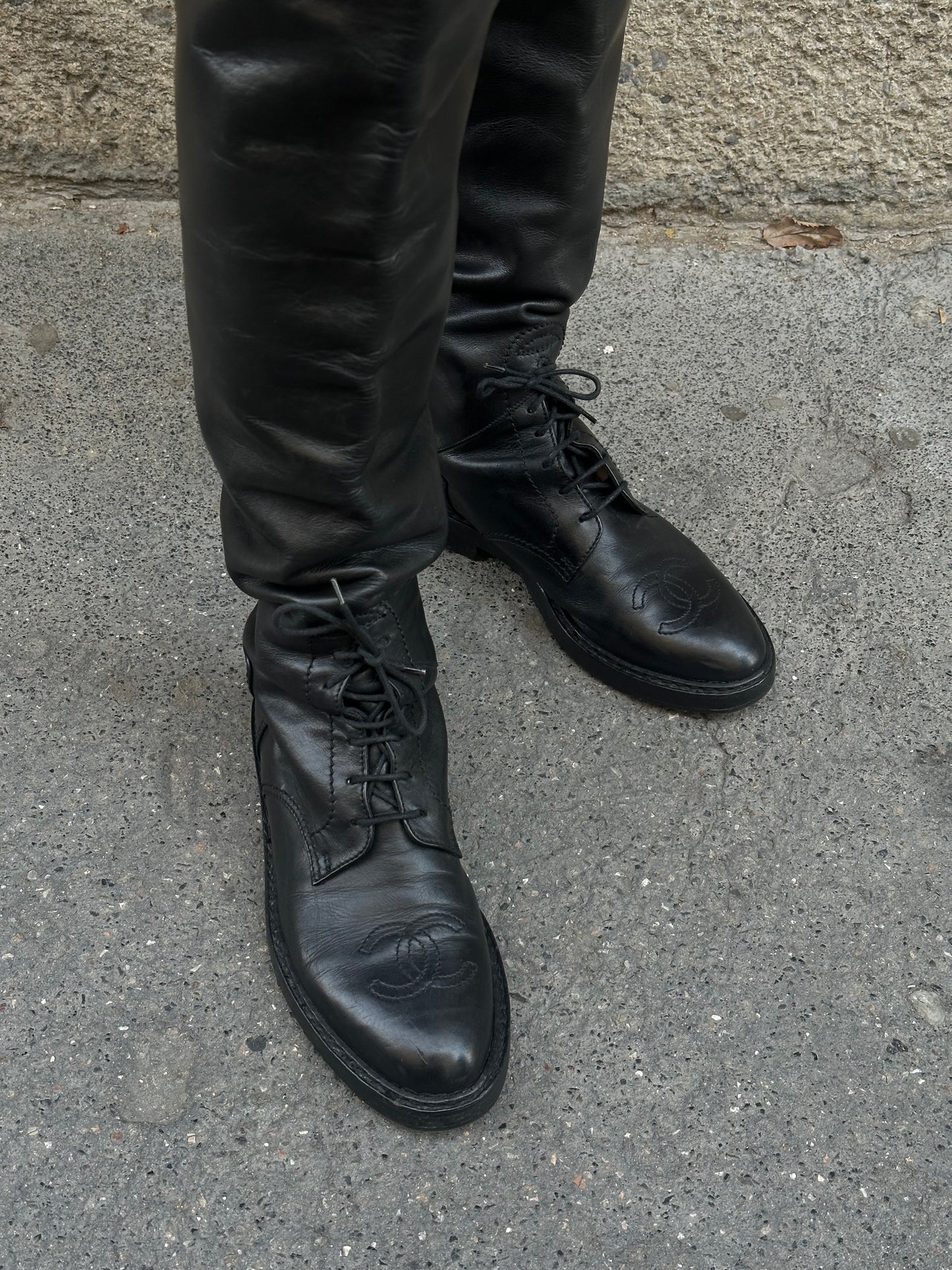 Chanel Vintage Black Leather Thigh-High Boots with Embroidered CC Interlocking Logo