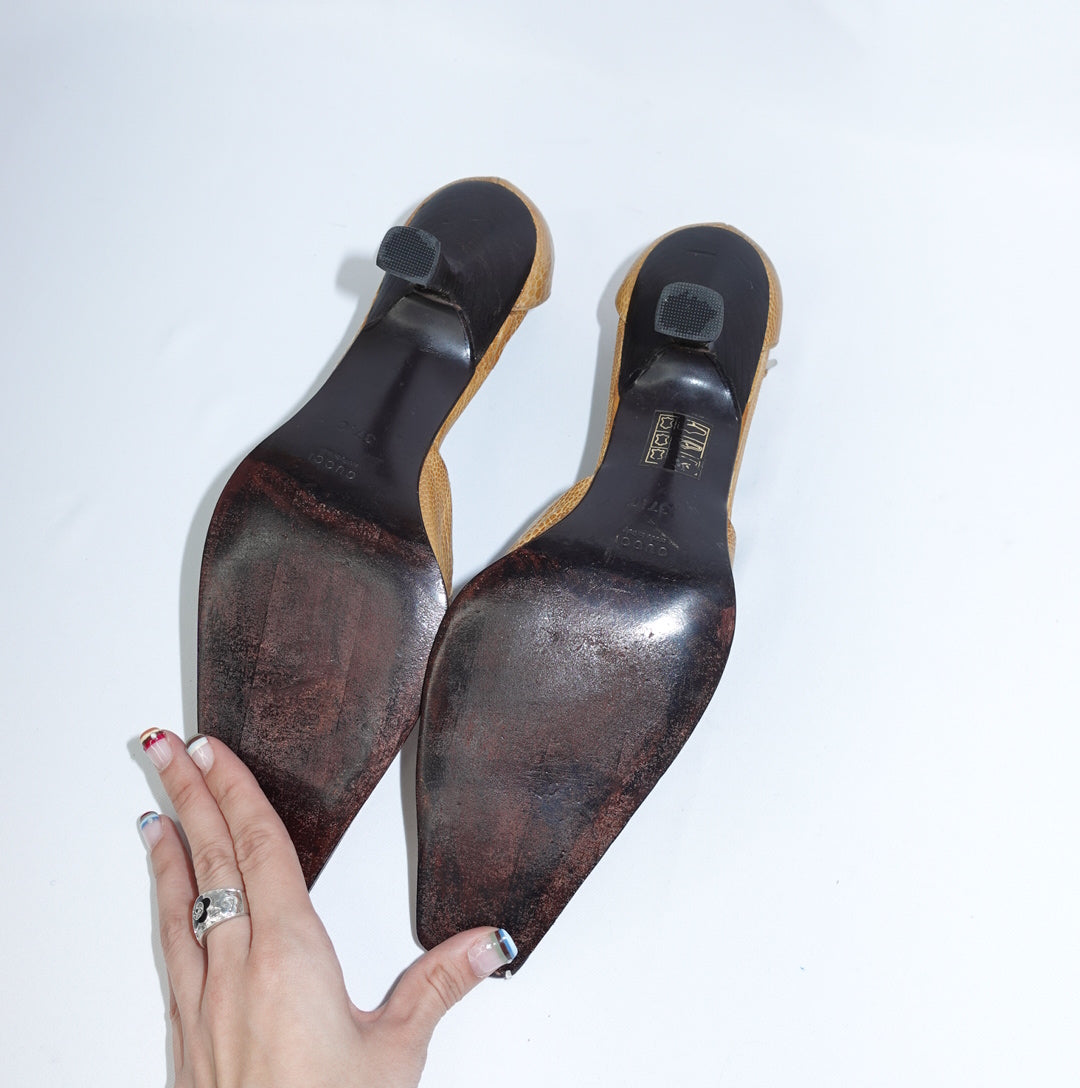 Gucci Reptile Mustard Kitten Heels 37.5